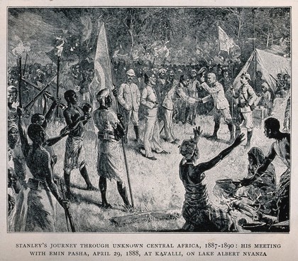 Henry Morton Stanley's meeting with Emin Pasha in 1888 during his journey through central Africa. Lithograph.