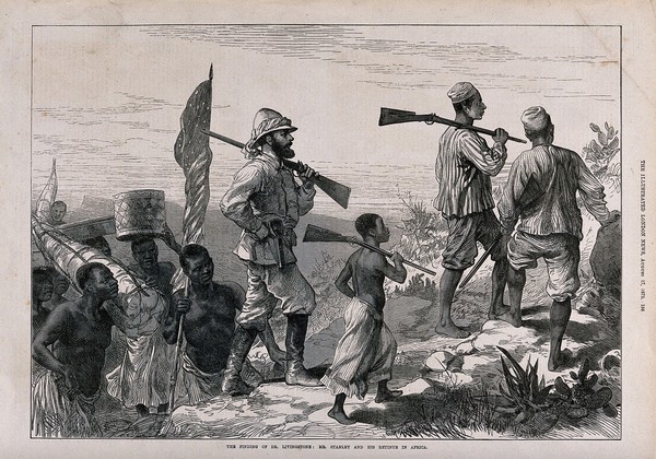 The search for D. Livingstone in central Africa, led by H.M. Stanley. Wood engraving, 1872.