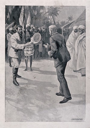 view The meeting of David Livingstone and Henry Morton Stanley, 28 October 1872, in central Africa. Lithograph after J. Durden.