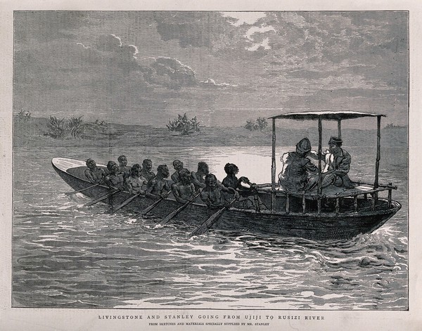 David Livingstone and Henry Morton Stanley on the River Ruzizi. Wood engraving.