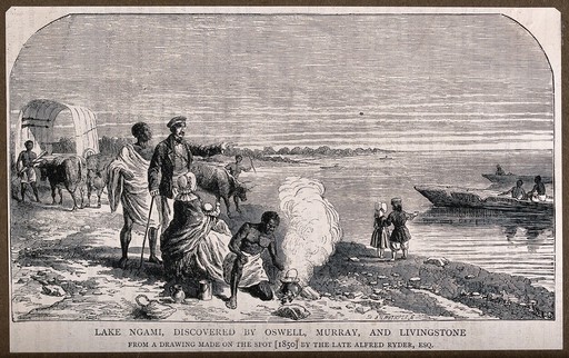 Lake Ngami: Africans and European explorers on its bank. Etching by J.W. Whymper after A. Ryder.