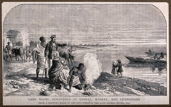 Lake Ngami: Africans and European explorers on its bank. Wood engraving by J.W. Whymper after A. Rider.