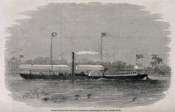 David Livingstone's steam boat on which he explored the River Zambezi. Wood engraving.