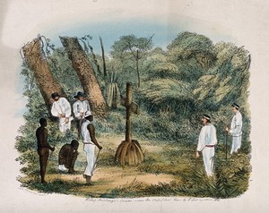 view Bishop Charles Mackenzie's grave with the cross placed there by David Livingstone; Europeans and Africans nearby. Anastatic print.