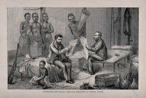 view Henry Morton Stanley and David Livingstone in central Africa, reading British newspapers. Process print after Pearson after J.B. Zwecker.