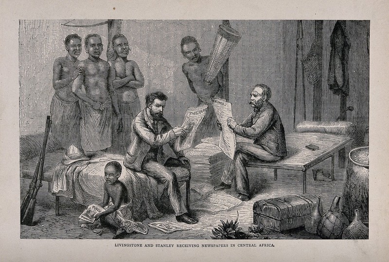 Henry Morton Stanley and David Livingstone in central Africa, reading British newspapers. Process print after Pearson after J.B. Zwecker., by Johann Baptist Zwecker