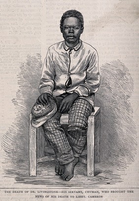 Chumah, David Livingstone's personal servant, seated on a wooden stool, holding his cap in his hand. Wood engraving.