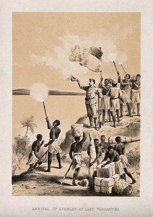 view Henry Morton Stanley and his servants arriving at Lake Tanganyika. Lithograph.