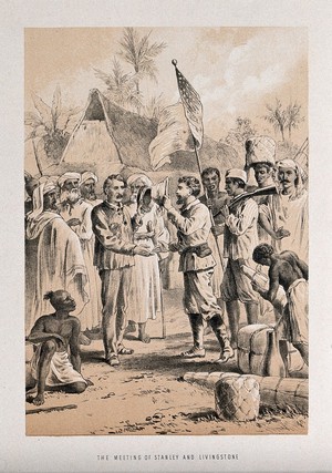 view Henry Morton Stanley meeting David Livingstone in central Africa. Lithograph.