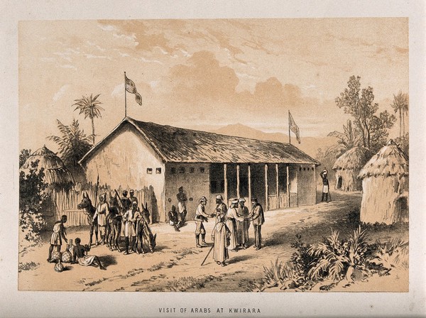 Arabs visiting Kwirara in Africa; Arab and European explorers shaking hands. Lithograph.