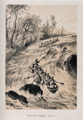 David Livingstone and his men going down the Zambezi rapids. Lithograph.