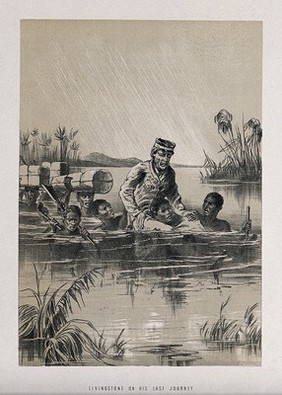 David Livingstone, suffering from fever, carried through a river on the shoulders of one of his men. Lithograph.