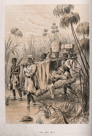 view David Livingstone, suffering from fever, carried through the jungle by his men. Lithograph.
