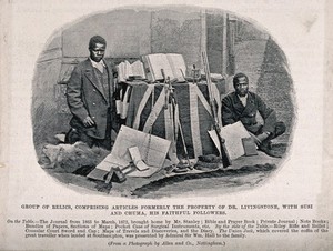 view David Livingtone's followers, Susi and Chuma, pictured with his former possessions. Photograph, ca. 1873.