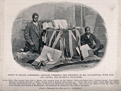 David Livingtone's followers, Susi and Chuma, pictured with his former possessions. Photograph, ca. 1873.