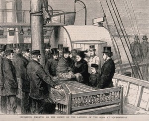 view David Livingstone's body arrives in Southampton; a delegation laying a wreath on his coffin. Wood engraving by H. Harral after G. Durand.