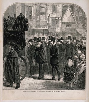 view David Livingstone's coffin carried in procession, at Southampton. Wood engraving.