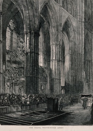 David Livingstone's grave at Westminster Abbey. Wood engraving by H. Harral.