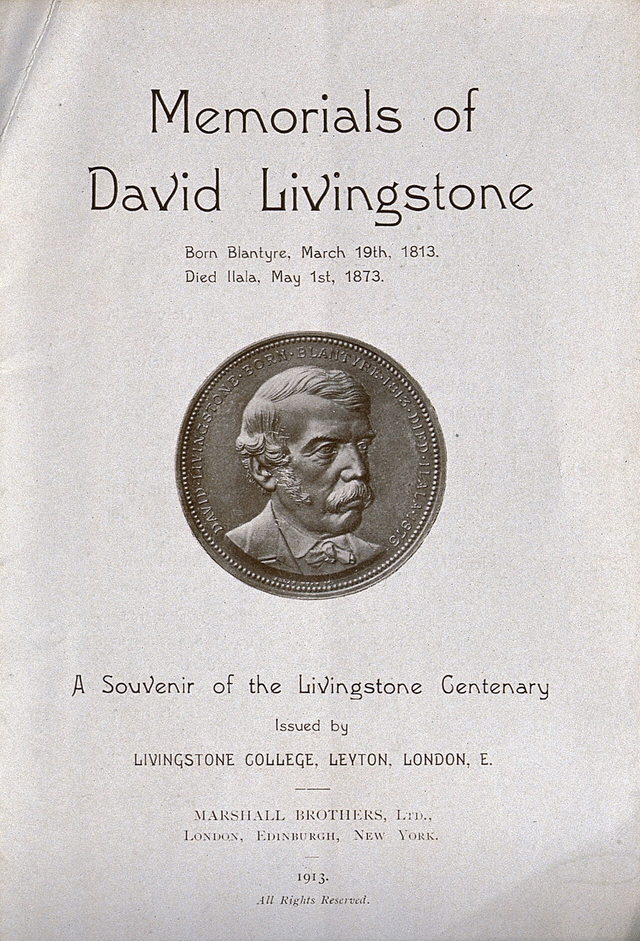 David Livingstone Centenary Medal, issued by the London Missionary Society. Process print and letterpress., by Livingstone College