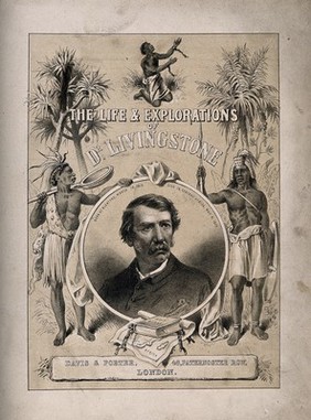 David Livingstone, head and shoulders, in a roundel; two Africans on each side, one above. Lithograph.