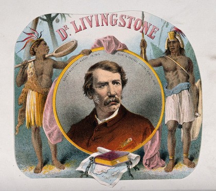 David Livingstone, head and shoulders, in a roundel; two Africans on each side of the roundel. Coloured lithograph.