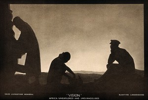 view David Livingstone memorial in Blantyre; Livingstone seated next to Africans, contemplating the horizon. Photoprint.