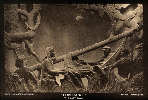 David Livingstone memorial in Blantyre; Livingstone being transported through the jungle by his men. Photoprint.