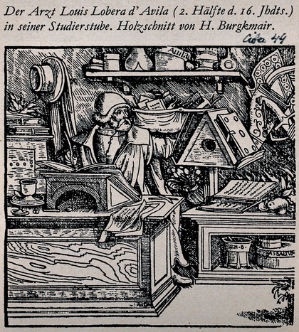 A man in a study (?) (Lluis Lobera de Avila?) taking notes from a book on a lectern. Reproduction of woodcut.