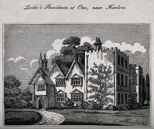 view Otes Manor House in Harlow, where John Locke spent the last fourteen years of his life. Etching.