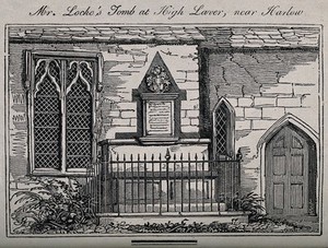 view John Locke's tomb, in the parish of Laver, near Otes Manor, the house where Locke spent the last fourteen years of his life. Etching.