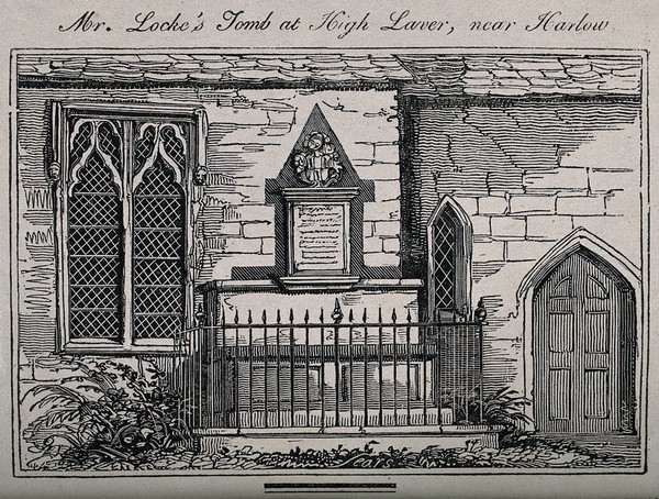 John Locke's tomb, in the parish of Laver, near Otes Manor, the house where Locke spent the last fourteen years of his life. Etching.