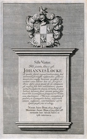 Epitaph of John Locke; above, his coat of arms. Etching.