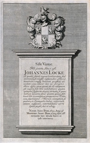 view Epitaph of John Locke; above, his coat of arms. Etching.