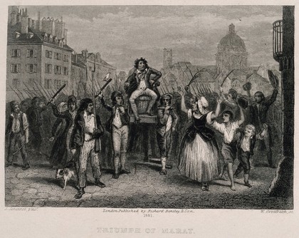 Marat, seated in a sedan chair, is carried in a triumphant procession of the revolutionary mob in the street of Paris. Engraving by W. Greatbach after T. Johannot.