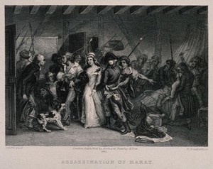 view The arrest of Charlotte Corday; Marat dead in his bath in his bath. Engraving by W. Greatbach after A. Scheffer, 1881.