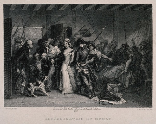 The arrest of Charlotte Corday; Marat dead in his bath in his bath. Engraving by W. Greatbach after A. Scheffer, 1881.