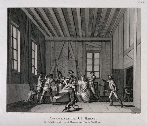 The arrest of Charlotte Corday after the assassination of Marat in his bath. Engraving by Berthault after Swebach de Fontaines, ca. 1793.