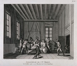 view The arrest of Charlotte Corday after the assassination of Marat in his bath. Engraving by P.G. Berthault after J.F.J. Swebach Desfontaines, ca. 1793.