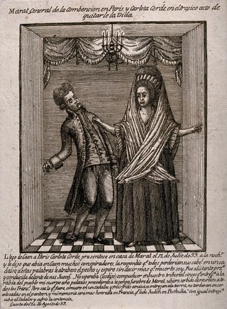 Charlotte Corday stabbing Marat in the heart. Etching.