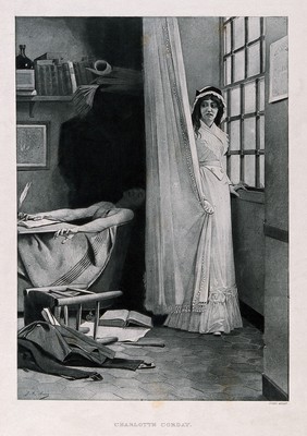 Charlotte Corday hiding behind a curtain, Marat dead in his bath. Photogravure after Jules Aviat, ca. 1890.