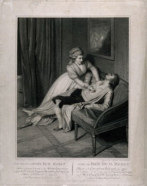 view Charlotte Corday stabbing Marat on a settee. Stipple print by N. Schiavonetti, 1793, after D. Pellegrini.