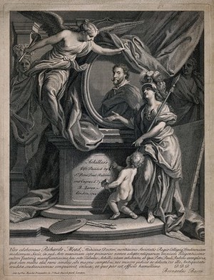 view A portrait of Peter Paul Rubens, in a roundel, on a pedestal, being unveiled by Fame at the command of Minerva, as a putto carves an inscription on the pedestal. Engraving by B. Baron, 1724.