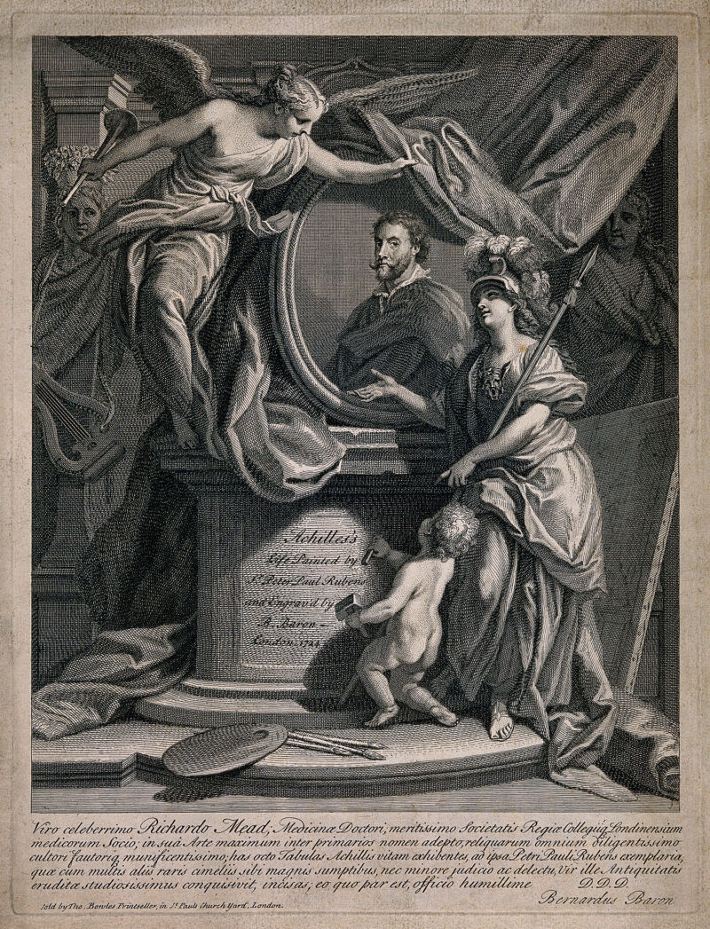 A portrait of Peter Paul Rubens, in a roundel, on a pedestal, being unveiled by Fame at the command of Minerva, as a putto carves an inscription on the pedestal. Engraving by B. Baron, 1724., [1724?], by Bernard Baron