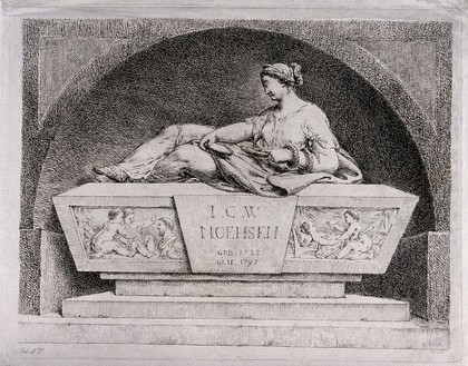 The tomb of J.C.W. Moehsen, decorated with putti and Hygieia holding a snake and a bowl. Etching by B. Rode, 1796.
