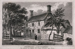 view The house in Woolsthorpe, Lincolnshire, where Sir Isaac Newton was born; an old woman walks with a stick in the foreground. Engraving, ca. 1810.