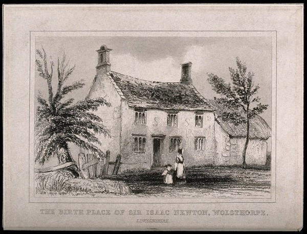The house in Woolsthorpe, Lincolnshire, where Sir Isaac Newton was born. Etching, 18--.
