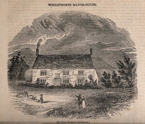 view The house in Woolsthorpe, Lincolnshire, where Sir Isaac Newton was born; a man and a woman approach the house. Wood engraving, 1839.