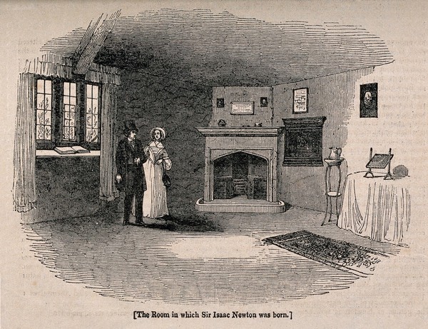 The room in the house in Woolsthorpe, Lincolnshire, where Sir Isaac Newton was born; a man and a woman visiting. Wood engraving, 1839.