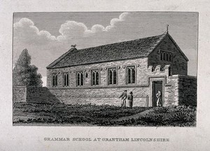 view The grammar school in Grantham, Lincolnshire, attended by Isaac Newton. Engraving, ca. 1820.