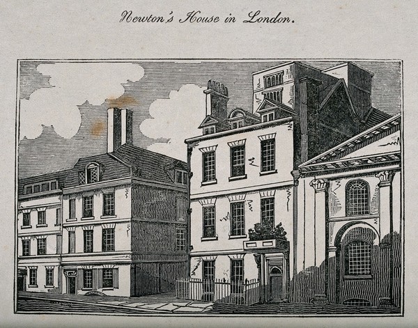 The residence of Sir Isaac Newton on the corner of Orange Street and St. Martin's Street, London: the Orange Street frontage. Wood engraving, 18--.